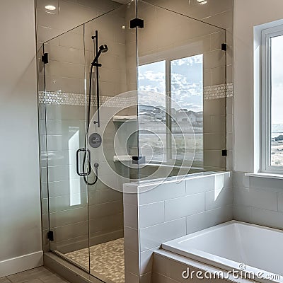 Square Rectangular walk in shower stall with half glass enclosure and black shower head Stock Photo