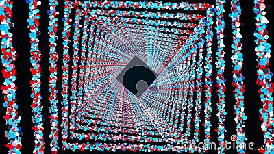 Square rings of colorful round particles form an endless tunnel, computer generated. 3d rendering of bright shiny Stock Photo