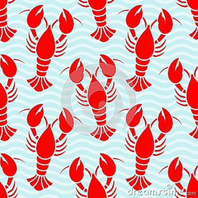 Seamless Pattern Graphic Lobster Diagonal Water Red White Blue Vector Illustration