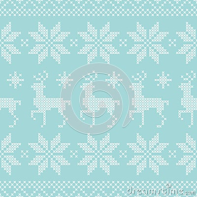 Seamless Pattern Norwegian Style Embroidery Reindeers Lines Turquoise White Vector Illustration