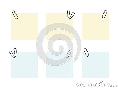 Square sheets for notes with paper clips. Empty pieces of paper for text, quotes, comments or messages Vector Illustration