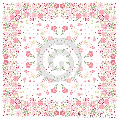 Square silk neck scarf with floral ornament from pink flowers on white background. Bandana print Vector Illustration