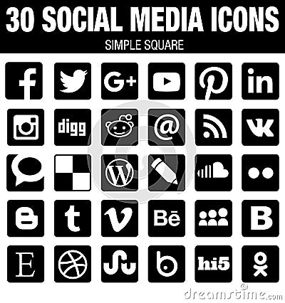Square social media icons collection with rounded corners - black Vector Illustration