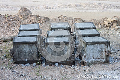 Square steel formwork with concrete inside. Stock Photo