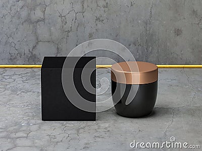 Square textured Black box with cosmetic container on concrete floor, golden cap Stock Photo