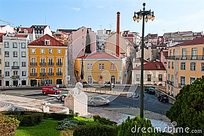 Square with traditional colorfull hauses in Lisbon, Portugal Editorial Stock Photo