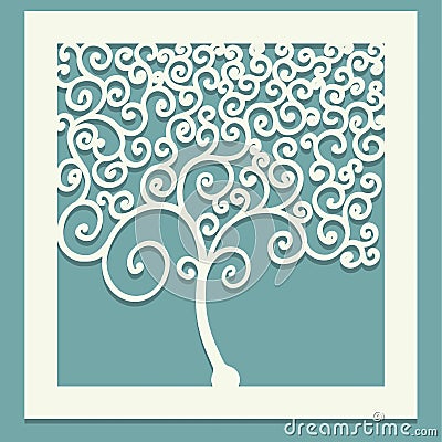 Square tree with curls. Decorative panel for cutting paper cards, design elements, scrapbooking and other. Laser cut. Vector Vector Illustration