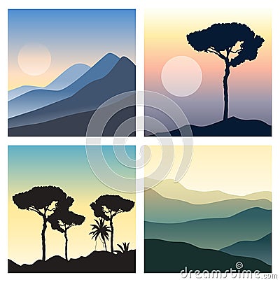 Set of beautiful landscapes. Panoramic views with sun, colorful sky, mountains and trees silhouettes. Vector Illustration