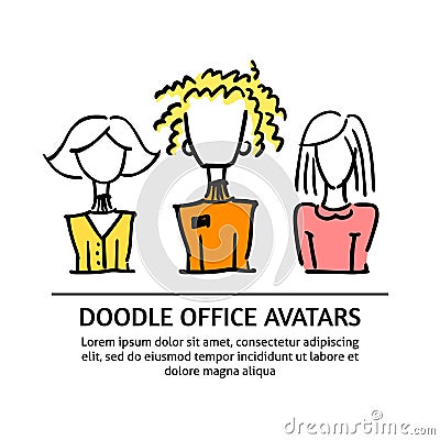 A square vector image with dooodle business avatars for presentation design and web site. Vector Illustration