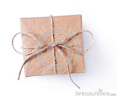 Square vintage brown gift box with bow isolated Stock Photo