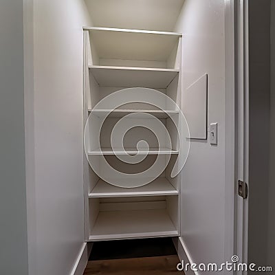 Square Walk in closet or pantry with empty wall shelves seen through open hinged door Stock Photo