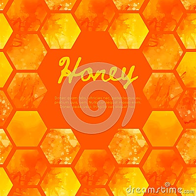 Square warm card with watercolor honeycomb with splashes and place for text. Sweet honey and treats. Vector template Vector Illustration