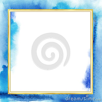 Square watercolor frame. Abstract blue background for design. Stock Photo