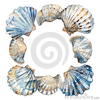 square watercolor sea shell frame in muted blues and beige empty in the middle on a white background Vector Illustration