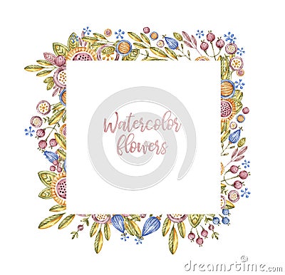 Square watercolour flower frame isolated on white Stock Photo