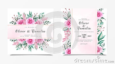 Square wedding invitation card template set with watercolor flowers decoration and gold line decoration. Peach roses illustration Vector Illustration