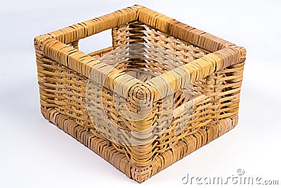 Square Wicker Basket on White Perspective View Stock Photo