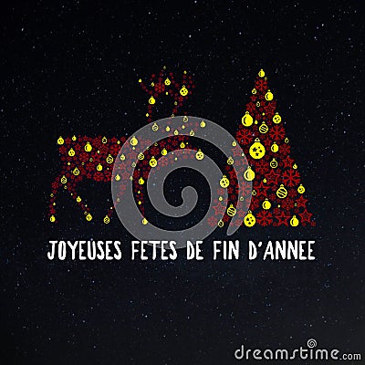 Square wish card written in French with a Christmas tree and a reindeer on a starry night background Stock Photo