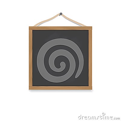 A square wooden chalkboard hangs on a nail on a rope. Board for a menu or drawing. Vector Illustration