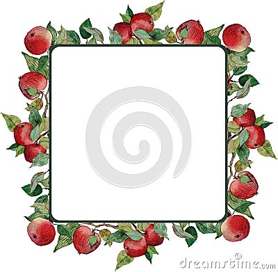 Square wreath red apples leaves branches ornament Stock Photo