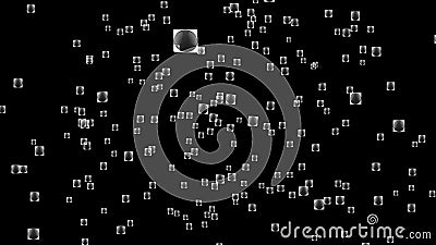 Squares moving in space with a black circle inside. Isolated on black background. 3d illustration. 4K video Cartoon Illustration