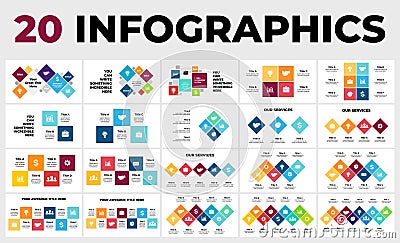 20 squares vector Infographics. Presentation slide template. Data visualization. 2, 3, 4, 5, 6, 7, 8, 9, 10 steps Vector Illustration