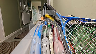 Squash club box of rackets Editorial Stock Photo