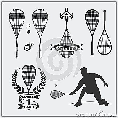 Squash labels, emblems, badges, design elements and silhouette of player. Vector Illustration