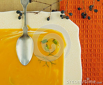 Squash Soup in Square Bowl Stock Photo