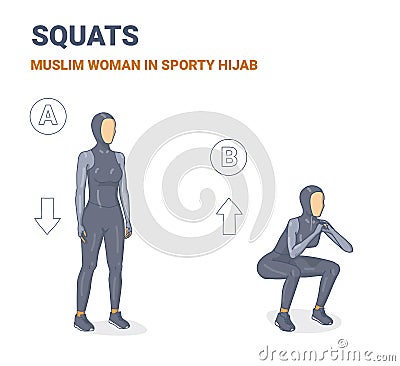 Squat Female Exercise Guide Silhouettes. Athletic Muslim Girl In Sporty Hijab Does the Weight Loss Workout. Vector Illustration