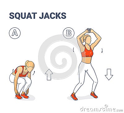 Squat Jacks Home Workout Female Exercise Guide Silhouettes illustration. Vector Illustration