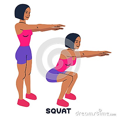 Squat. Sport exersice. Silhouettes of woman doing exercise. Workout, training. Vector Illustration