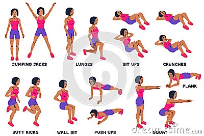 Squat. Sport exersice. Silhouettes of woman doing exercise. Workout, training. Vector Illustration