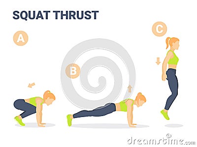 Squat Thrust Exercise Girl Home Workout Guidance. Vector Illustration