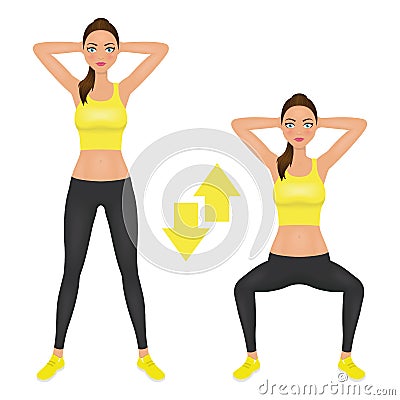 Squats exercise instruction. Young woman make squats with hands behind the head. Fit girl in sportswear. Vector Vector Illustration