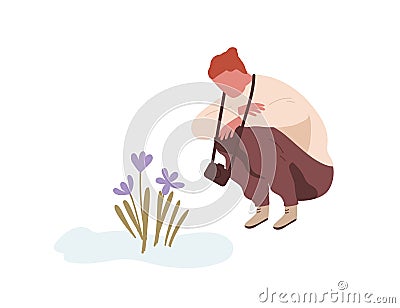Squatting man admiring first spring flower or snowdrop. Teenager with camera sitting and looking at primrose. Flat Vector Illustration