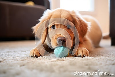 a squeaky toy with a bite mark, lying on a rug Stock Photo