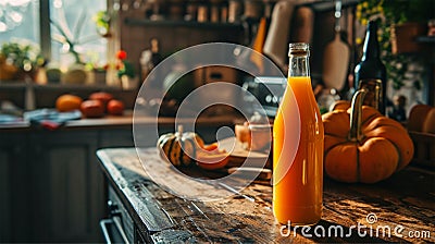 Squeeze juice, orange pumpkin juice on wooden kitchen table Stock Photo