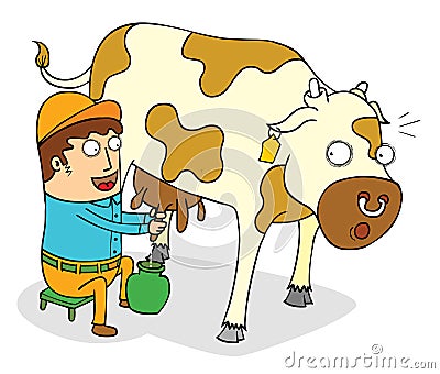 Squeezing cow milk Vector Illustration