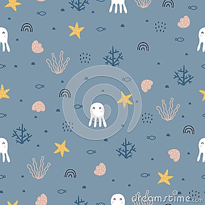 squid with coral Sea life seamless cartoon background Used for clothing patterns, prints, wallpapers, vector illustrations Vector Illustration