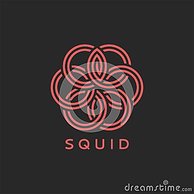 Squid logo or octopus monogram, overlay of weaving coral thin lines and round geometric shapes, emblem for seafood restaurant menu Vector Illustration