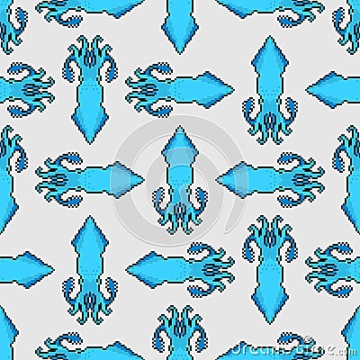 Squid pixel art pattern seamless. 8 bit calamary background. pixelated texture Vector Illustration