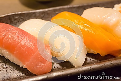 Squid and Several kinds of raw fish meat Stock Photo