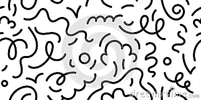 Squiggly doodle seamless background, tribal scribble repeat texture. Creative minimalist monochrome pattern in trendy Cartoon Illustration