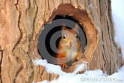 squirrel burying nuts in a tree hole for winter Stock Photo