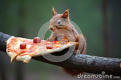 squirrel carrying a whole slice of pizza on a tree branch Stock Photo