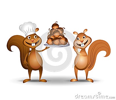 Squirrel Chef With Nuts Cartoon Illustration