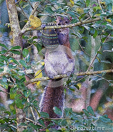 The squirrel climbs a tree with its favorite Easter egg Stock Photo