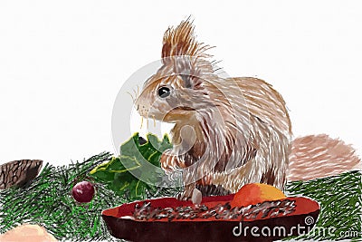 Squirrel Close to a Pot with Seeds, Digital Water Color Painting Cartoon Illustration