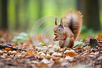 a squirrel collecting nuts in the forest Stock Photo